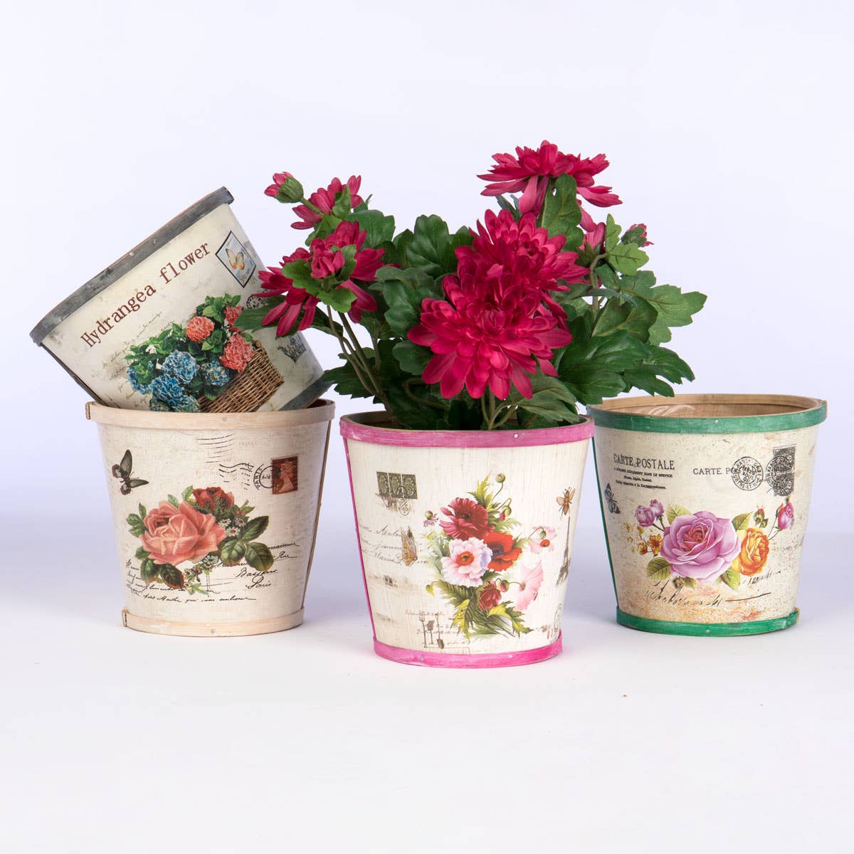 Vintage Floral Splitwood Planter Asst/4 with sewn in liners