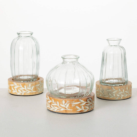 Embossed Wood and Glass Vase Set of 3