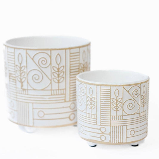 Boho Engraved Cement Flower Pot, Set of 2