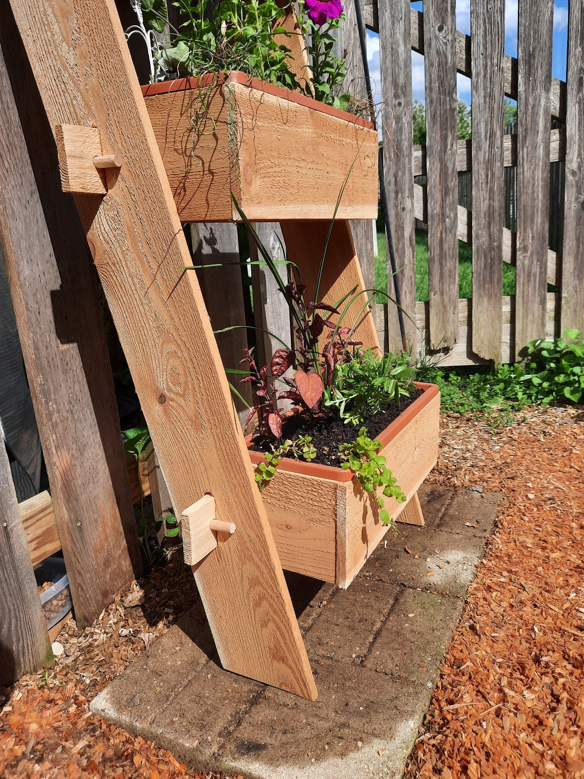 2-Tier Vertical Cedar Ladder Planter Box for Small Spaces