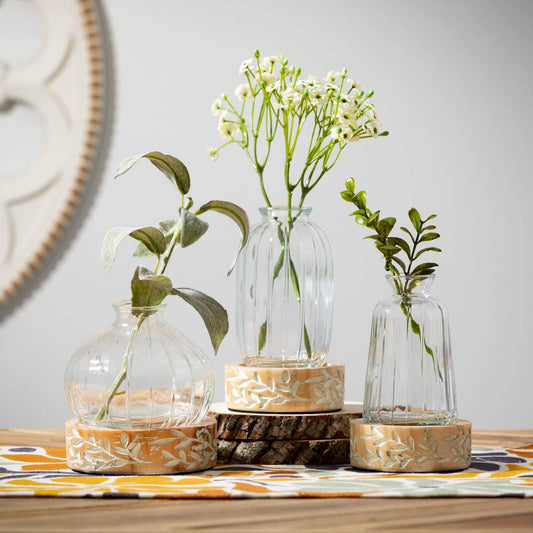 Embossed Wood and Glass Vase Set of 2