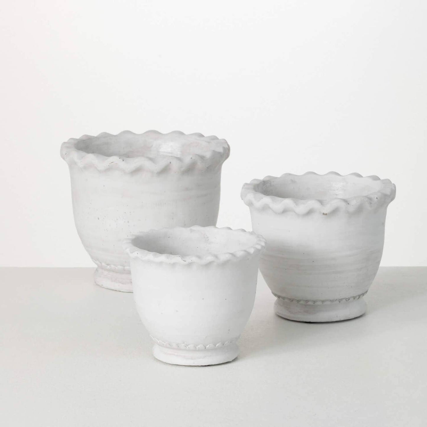 White Scalloped Edge Cement Pots-Set of 3