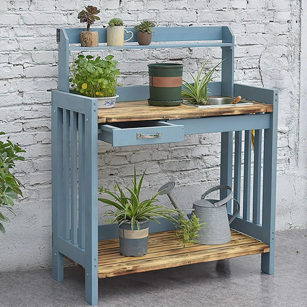 Pine Potting Table with Removable Sink, Tool Drawer