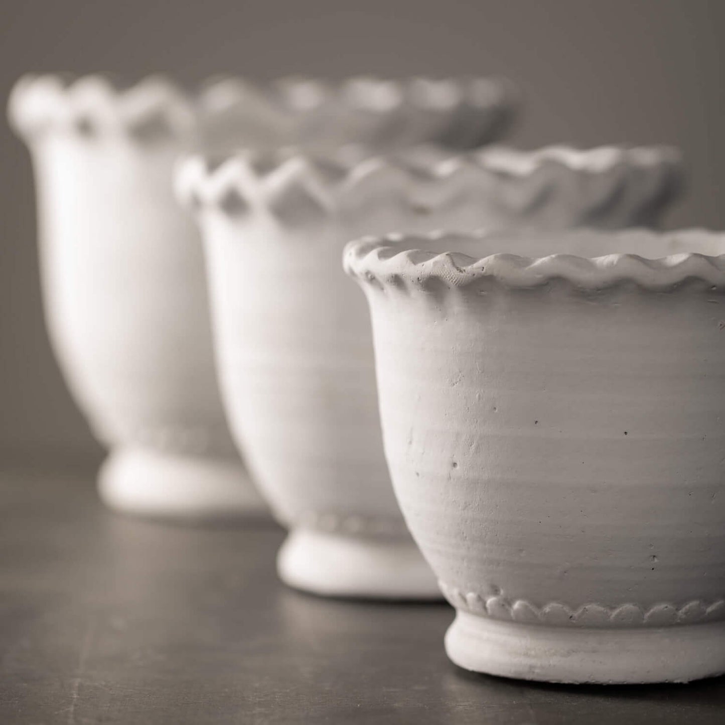 White Scalloped Edge Cement Pots-Set of 3