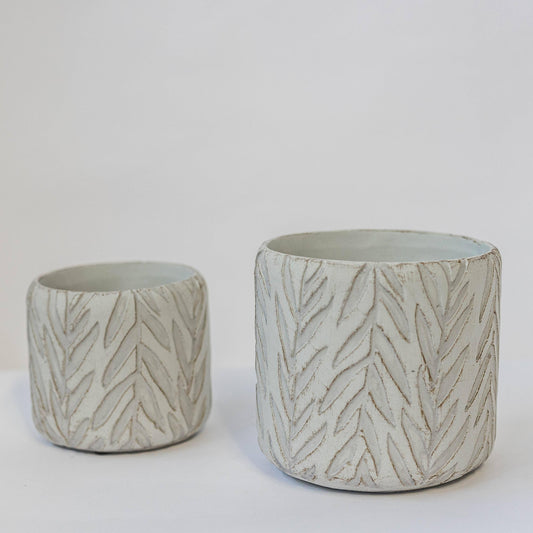 Leaf Engraved Flower Pot, Set of 2 White-Wash