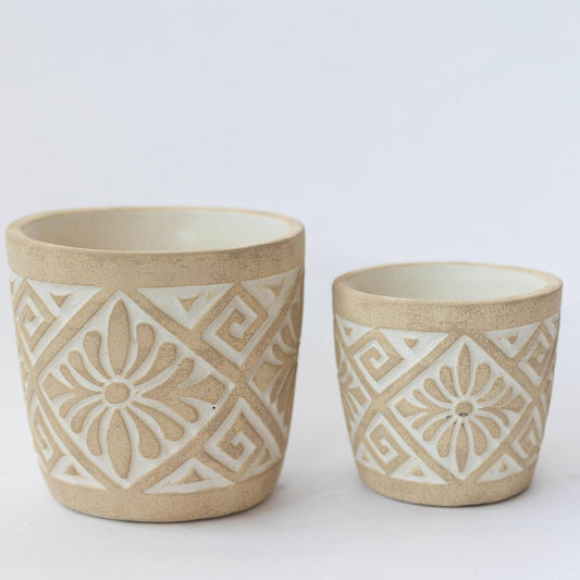 Flower Engraved Cement Flower Pot, Set of 2