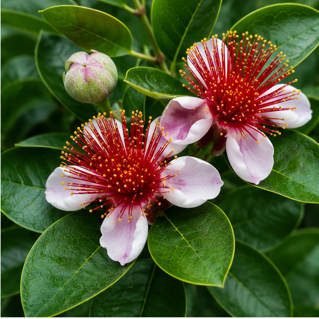 Close-up of pink flowers with red centers on a green leafy background