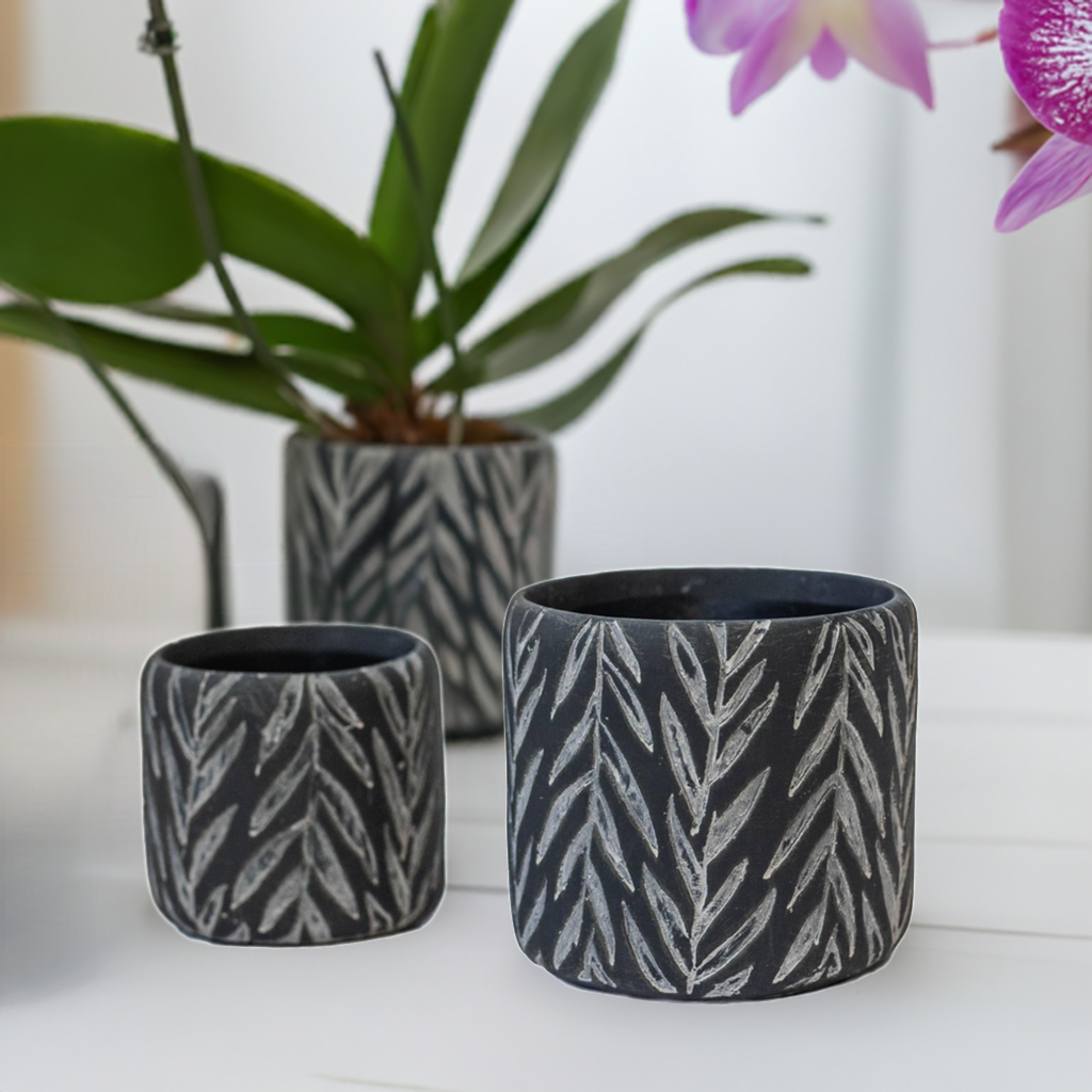 Fossil Leaf Flower Pot, Set of 2 Black