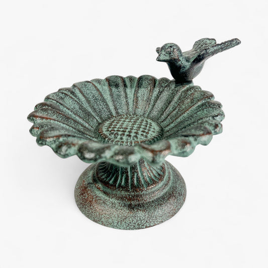 teal bird bath and feeder